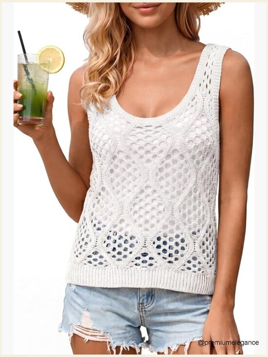 Tops - Crochet Sleeveless Tank Top Boho Hollow Out Beach Cover Up Summer Sweater Vest